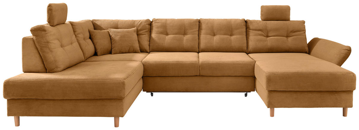 WOHNLANDSCHAFT Cord Goldfarben  - Goldfarben/Naturfarben, Modern, Holz/Textil (206/338-352/176cm) - Livetastic