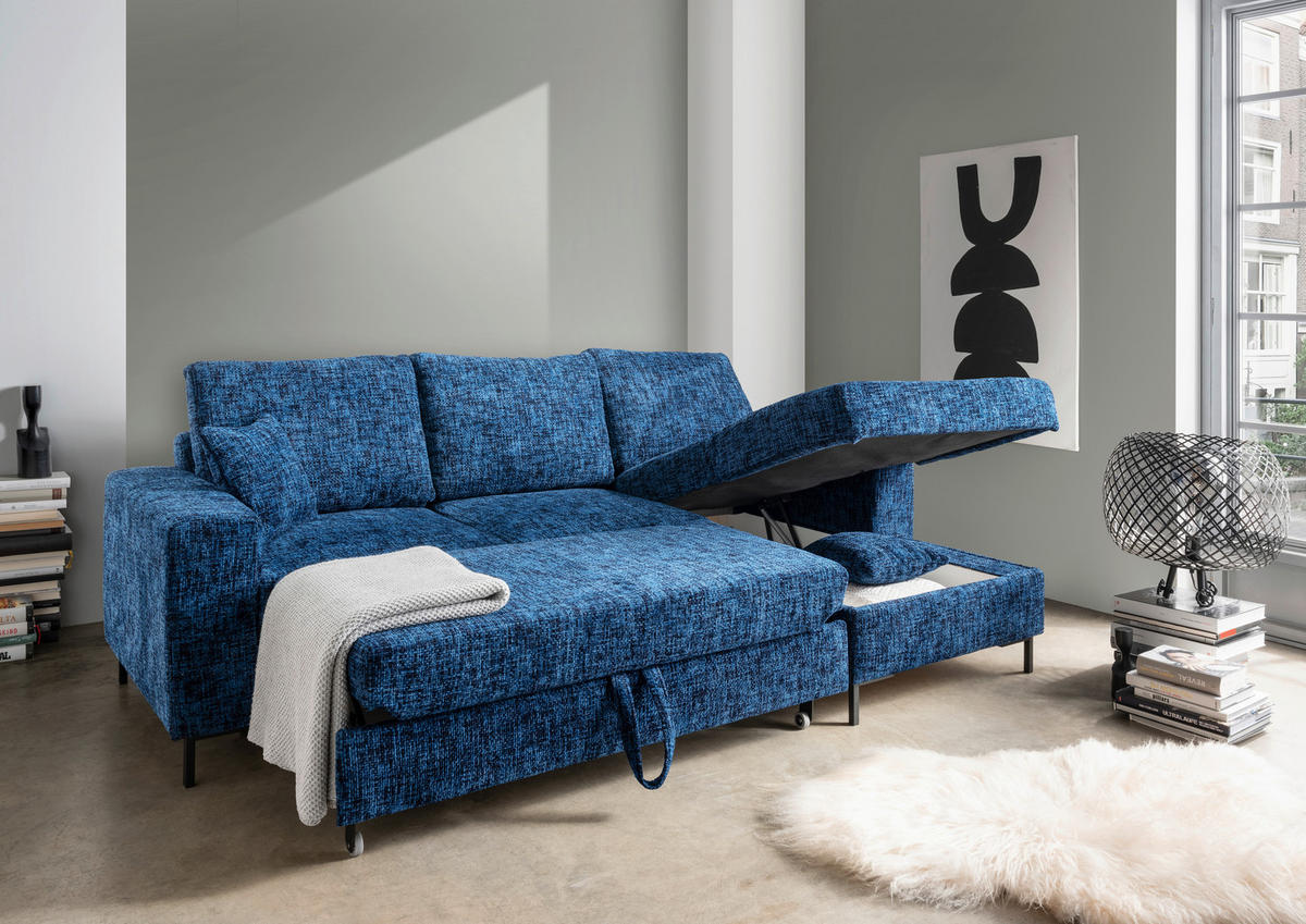 ECKSCHLAFSOFA  mit Rücken echt Struktur Blau  - Blau/Schwarz, KONVENTIONELL, Textil/Metall (237/143cm) - Livetastic