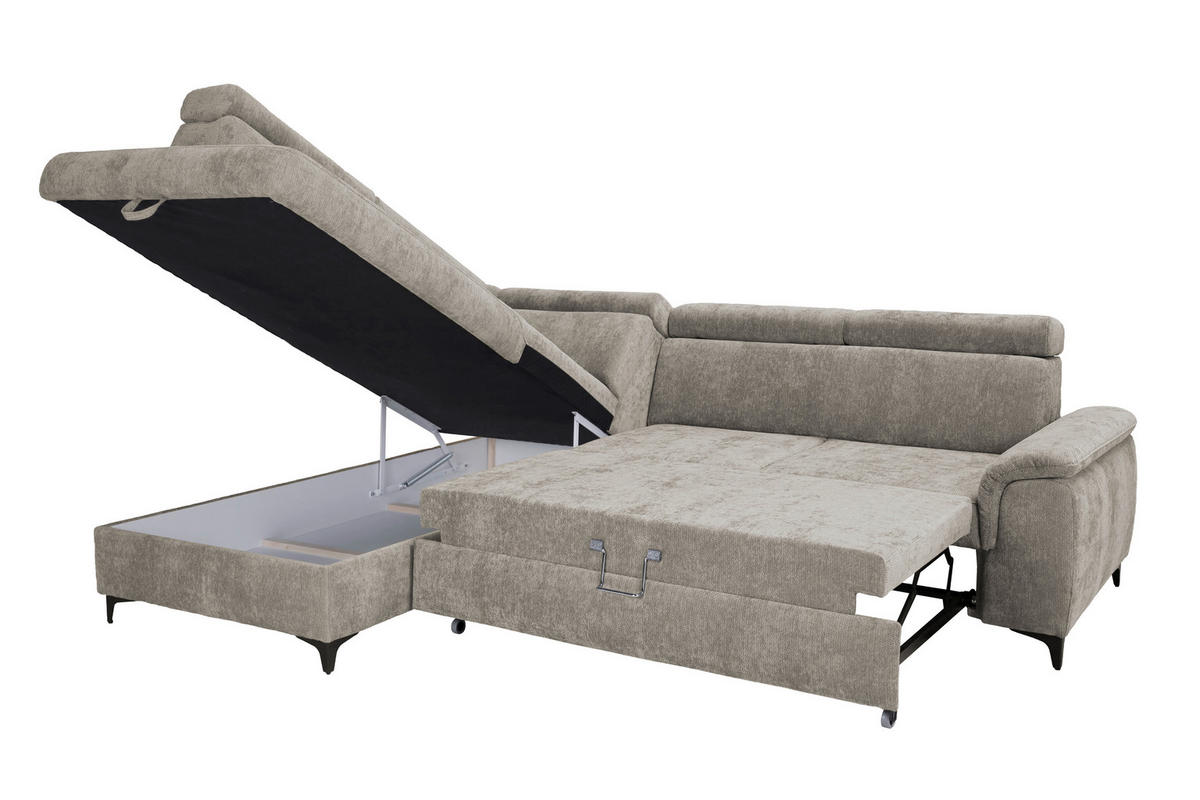ECKSOFA Taupe Chenille Bettkasten, Schlaffunktion, Rücken echt, Kopfteilverstellung, Liegefläche im Originalstoff  - Taupe/Schwarz, KONVENTIONELL, Textil/Metall (206/265cm) - Carryhome