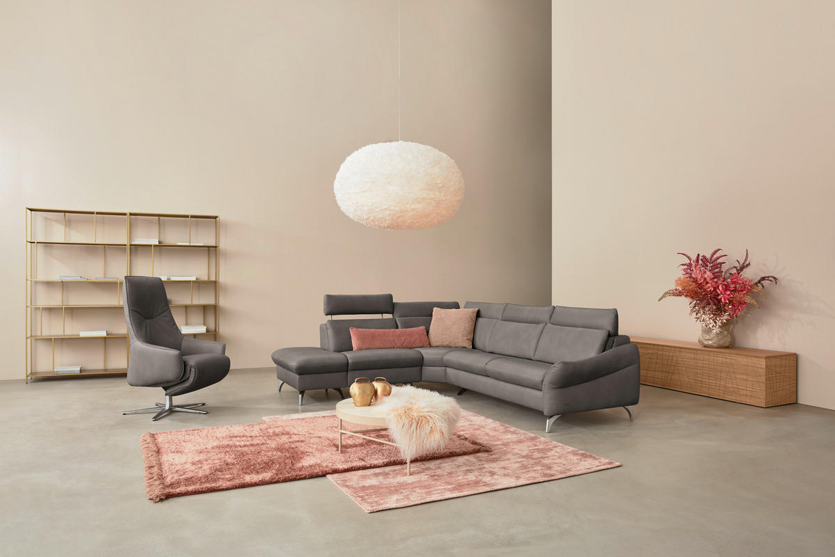 ECKSOFA in Echtleder Graubraun  - Edelstahlfarben/Graubraun, Konventionell, Leder/Metall (242/296cm) - Himolla Komfortklass