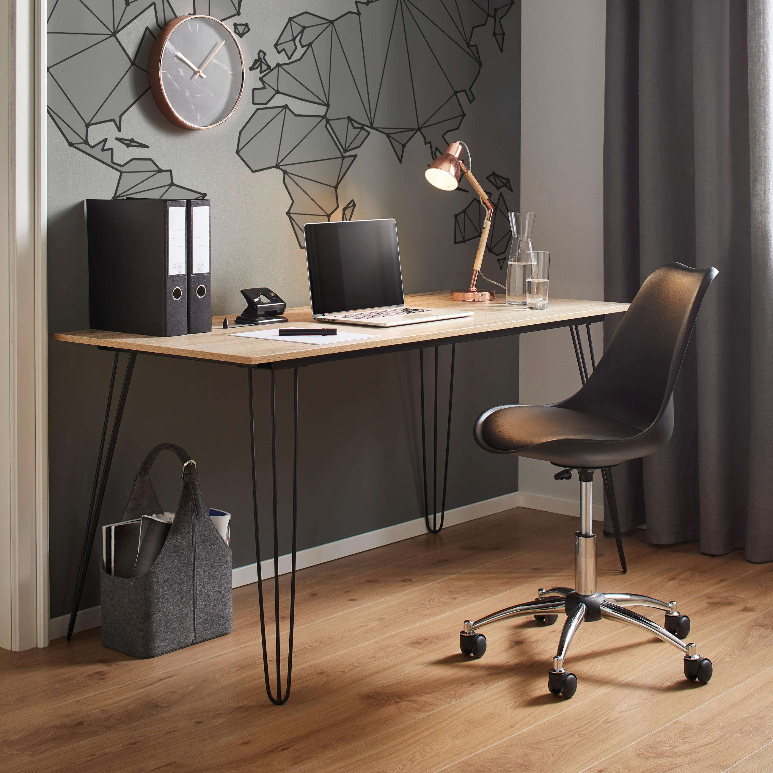 SCHREIBTISCH 150/70/75 cm in Schwarz, Eichefarben - Eichefarben/Schwarz, MODERN, Holzwerkstoff/Metall (150/70/75cm) - MID.YOU