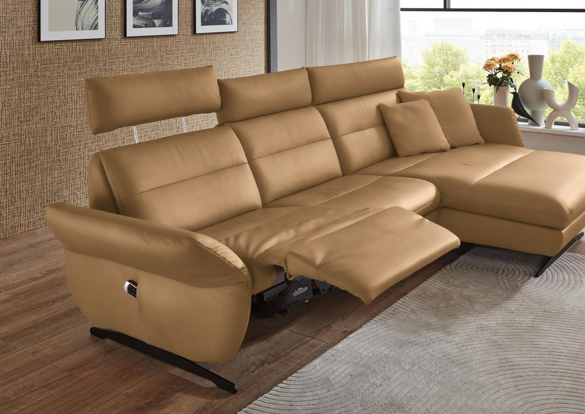 ECKSOFA in Echtleder Honig  - Schwarz/Honig, Design, Leder/Metall (300/157cm) - Dieter Knoll