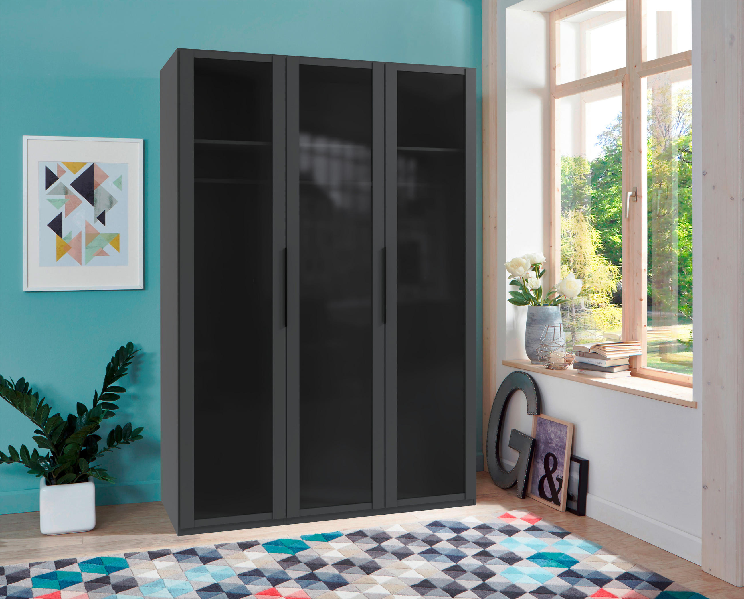 GARDEROB MED GÅNGJÄRN 150/216/58 cm 3-dörrar - grafitfärgad/svart, Design, metall/trämaterial (150/216/58cm) - Ti'me