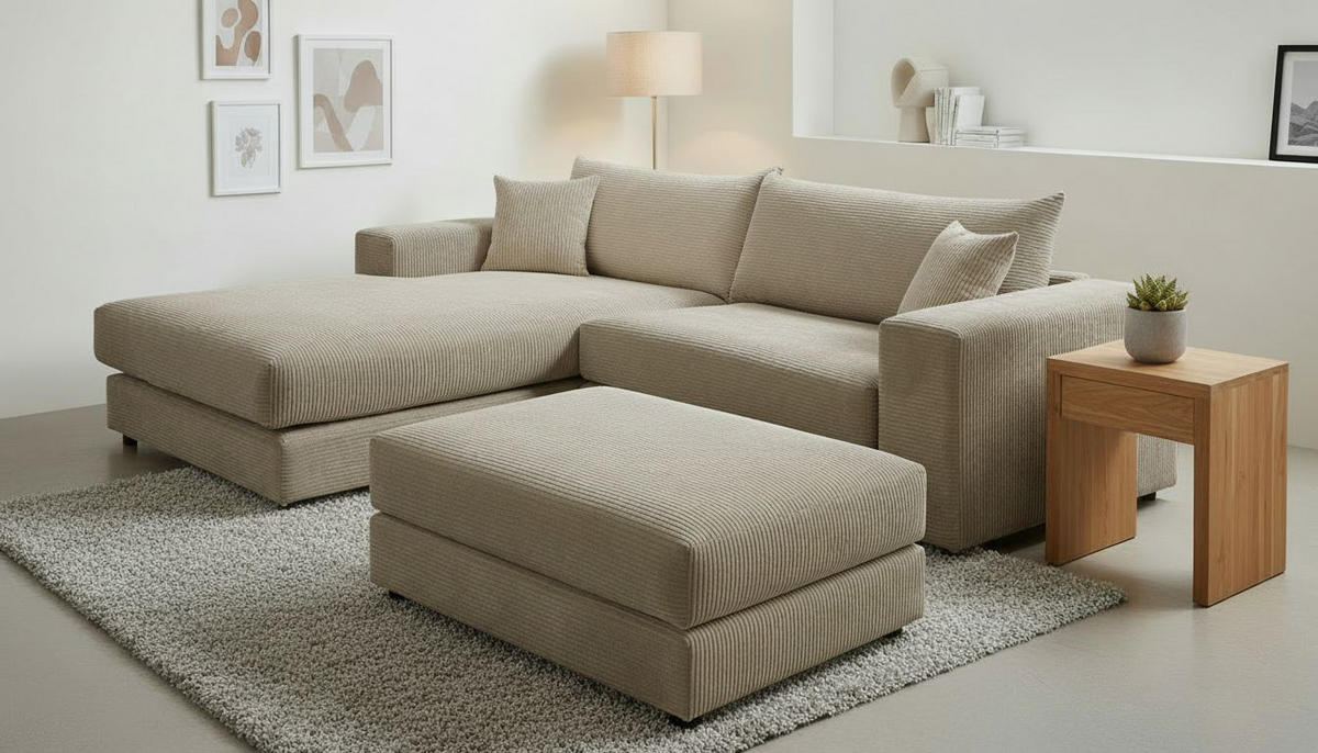 ECKSOFA FUNNY S Hellbraun Cord, Velours Zierkissen, Rückenkissen, Hocker  - Hellbraun/Schwarz, Basics, Kunststoff/Textil (180/265cm) - Livetastic