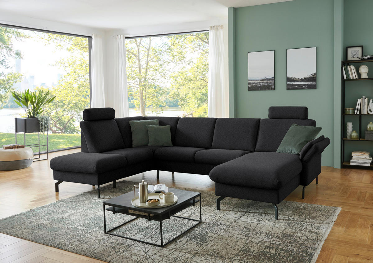 WOHNLANDSCHAFT Flachgewebe Schwarz  - Schwarz, Konventionell, Textil/Metall (190/307/170cm) - Beldomo Comfort
