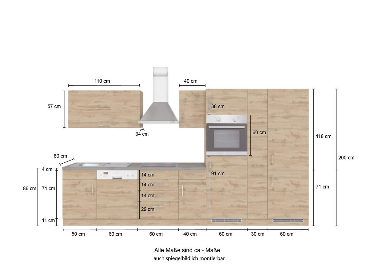 KÜCHENBLOCK 360 cm   in Weiß, Eiche Wotan  - Chromfarben/Eiche Wotan, MODERN, Holzwerkstoff/Metall (360cm) - Held