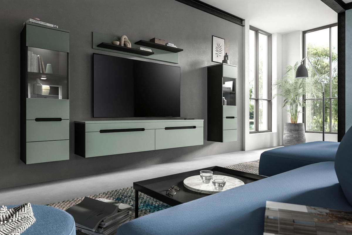 WOHNWAND 4-teilig  in Grau, Graugrün  272/141/33 cm  - Schwarz/Graugrün, Design, Holzwerkstoff/Kunststoff (272/141/33cm) - Livetastic