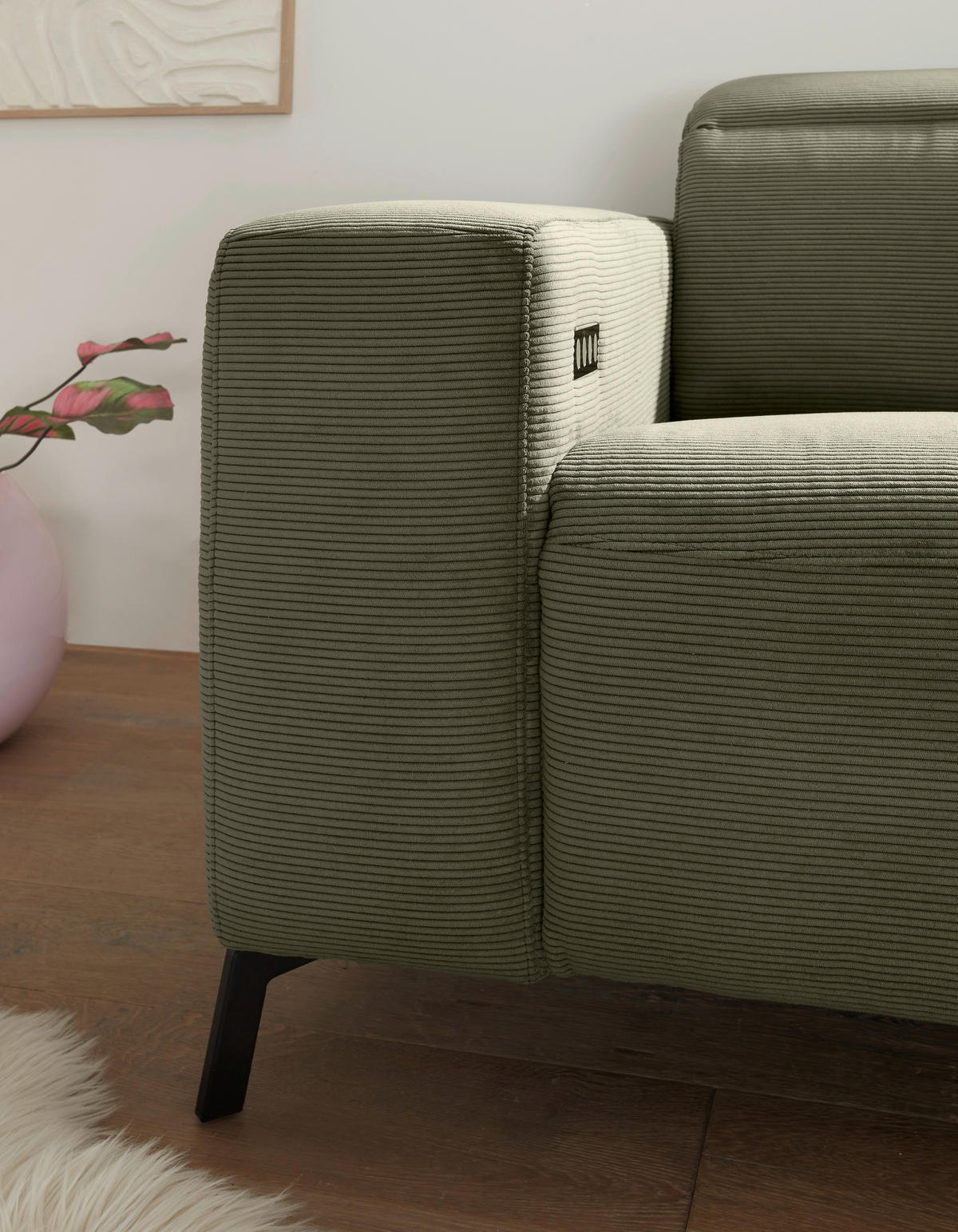 ECKSOFA in Feincord Olivgrün  - Schwarz/Olivgrün, Design, Textil/Metall (294/172-177cm) - Pure Home Lifestyle
