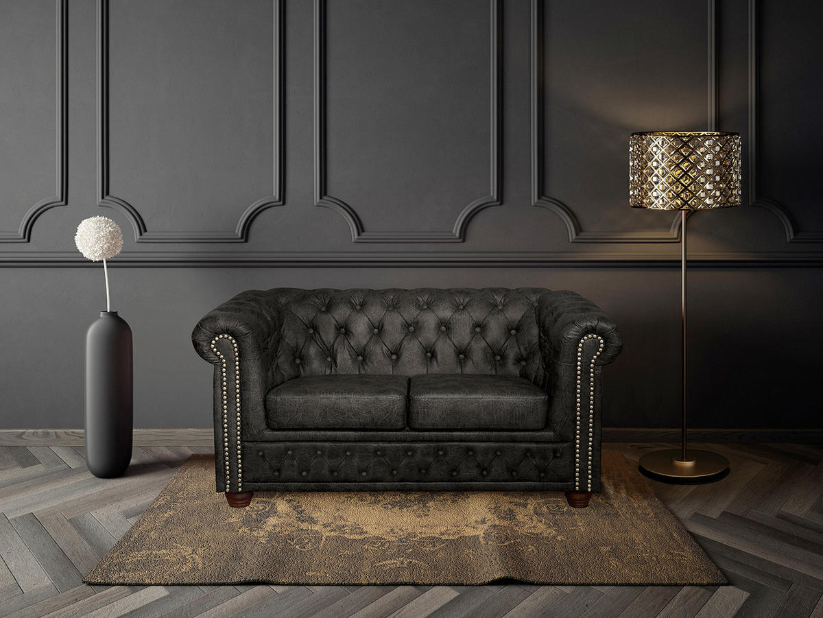 SITZGARNITUR YORK in Lederlook Schwarz  - Schwarz/Braun, Design, Holz/Textil (203/72/86cm) - P & B