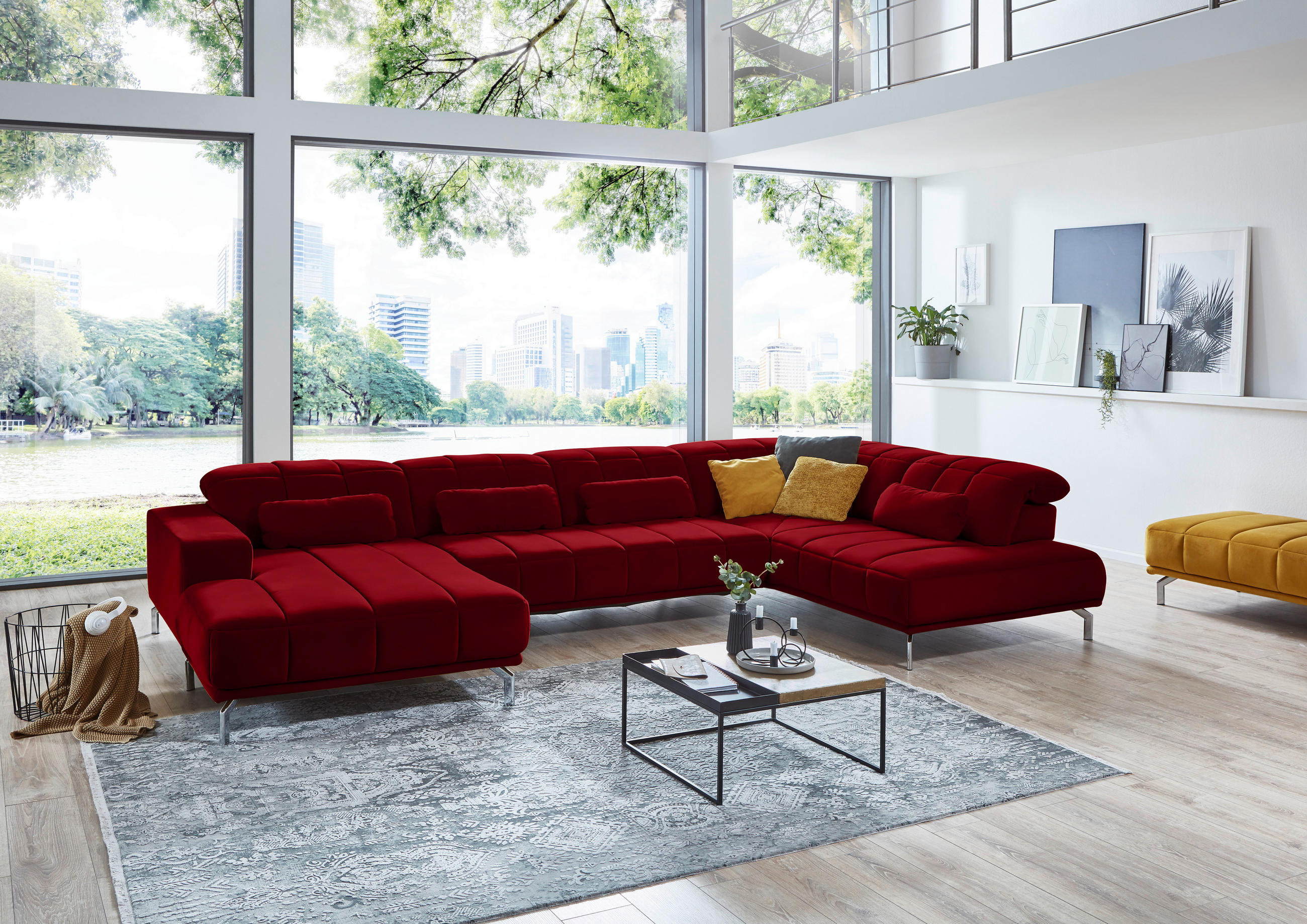 WOHNLANDSCHAFT Rot Velours  - Rot/Schwarz, Design, Textil/Metall (195/383/219cm) - Beldomo Style