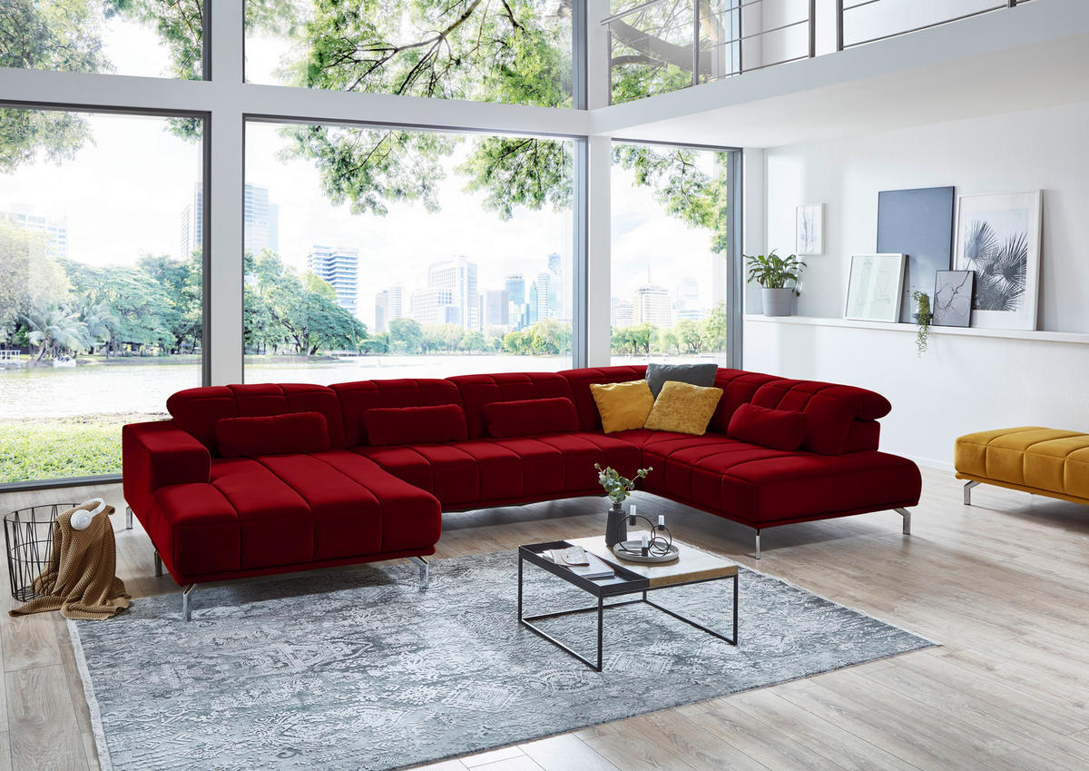 WOHNLANDSCHAFT Rot Velours  - Rot/Schwarz, Design, Textil/Metall (195/383/219cm) - Beldomo Style