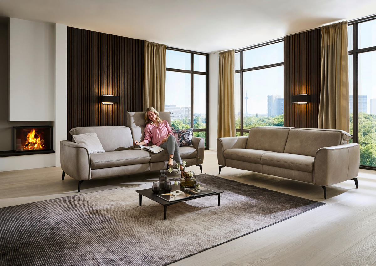 3-SITZER-SOFA in Echtleder Graubraun  - Graubraun/Schwarz, Natur, Leder/Metall (222/81/110cm) - Valdera