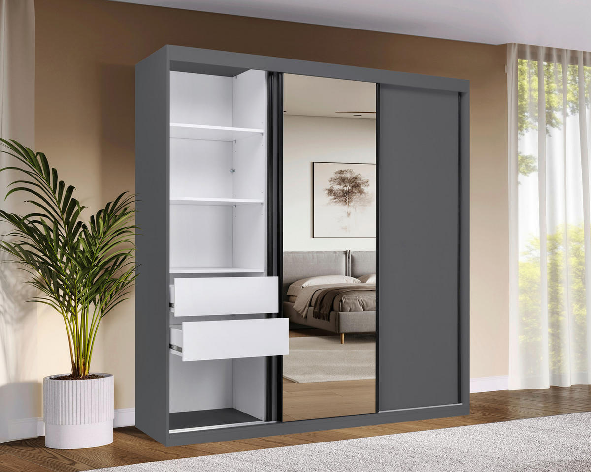 SCHIEBETÜRENSCHRANK 200/215/59,5 cm 3-türig  - Schwarz/Graphitfarben, MODERN, Holzwerkstoff/Metall (200/215/59,5cm) - MID.YOU