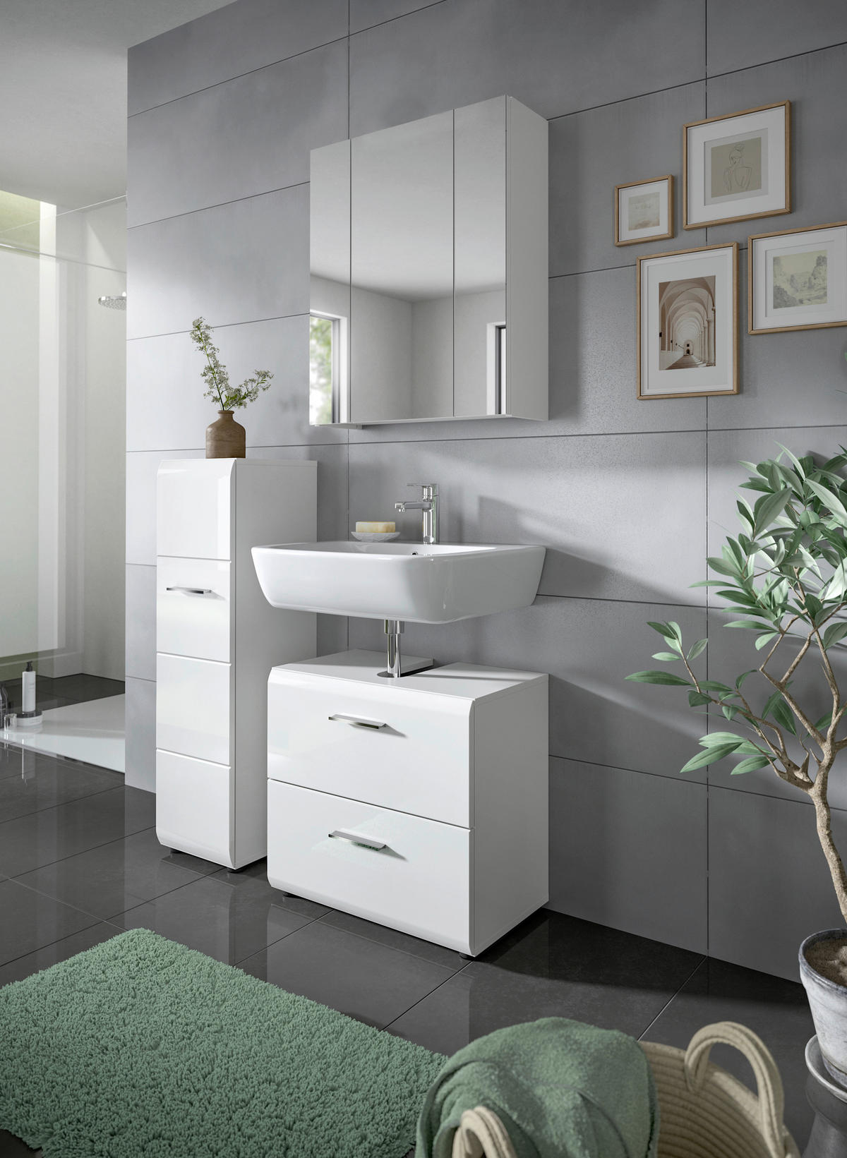BADEZIMMER 3-teilig  in 90 cm  - Weiß Hochglanz/Silberfarben, MODERN, Holzwerkstoff/Kunststoff (90cm) - MID.YOU