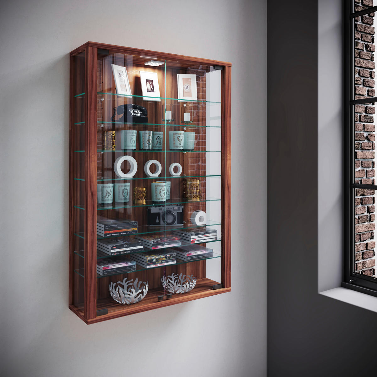 VITRINE in Nussbaumfarben  - Nussbaumfarben/Schwarz, Design, Glas/Holzwerkstoff (59/91/18cm) - MID.YOU