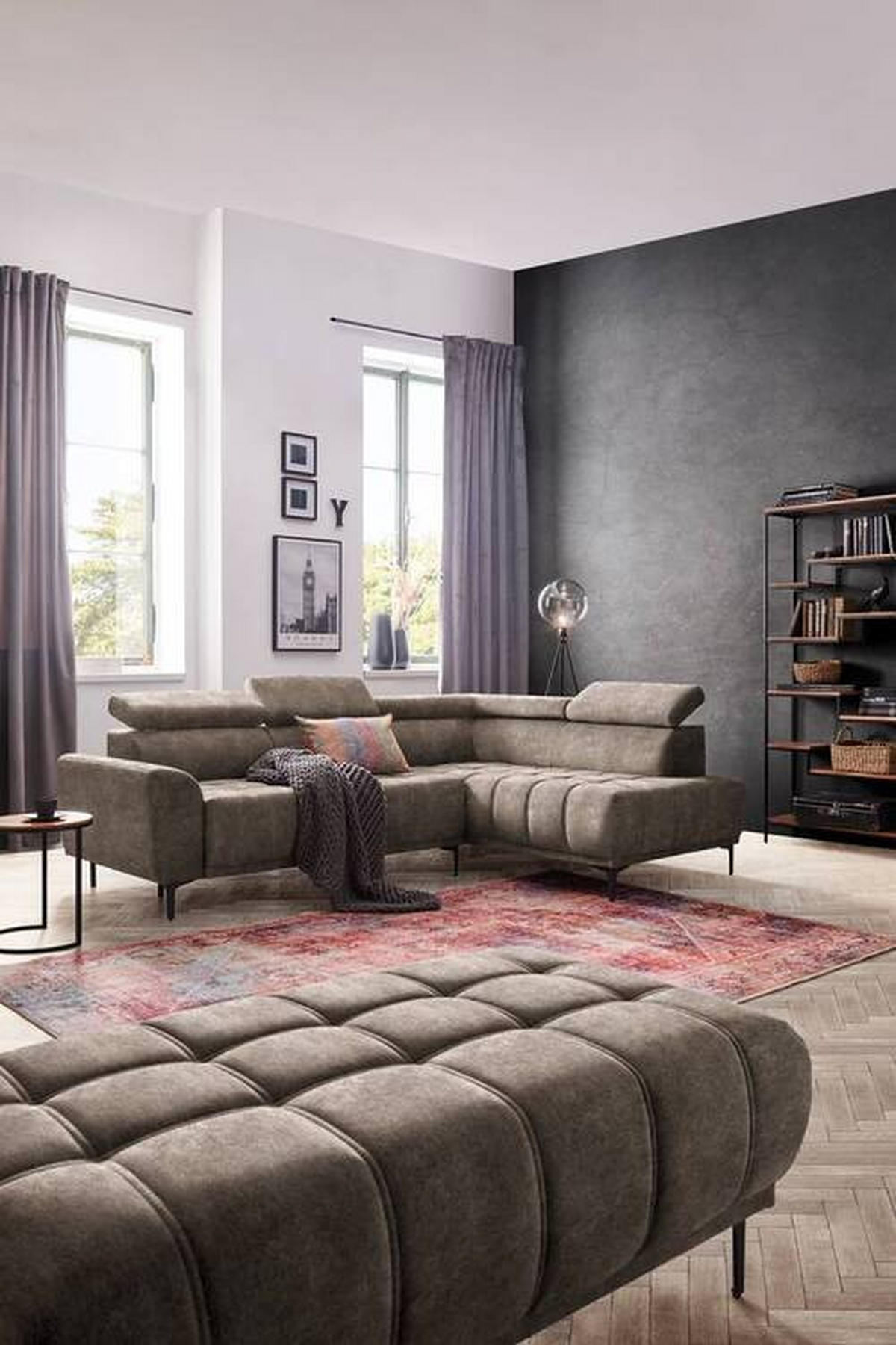 ECKSOFA in Velours Braun  - Schwarz/Braun, Design, Textil/Metall (261/191cm) - Stylife