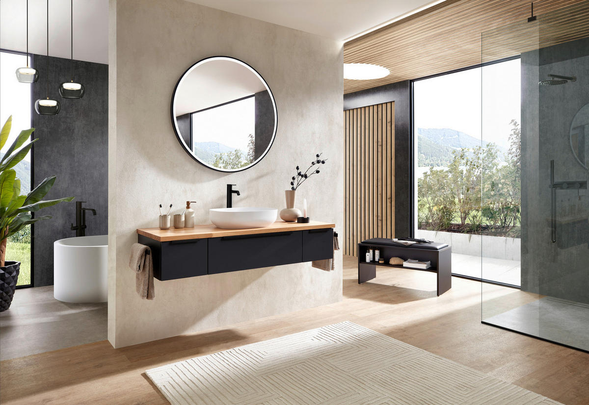 BADEZIMMER 3-teilig  in 137 cm  - Eichefarben/Schwarz, LIFESTYLE, Holzwerkstoff/Stein (137cm) - Sadena