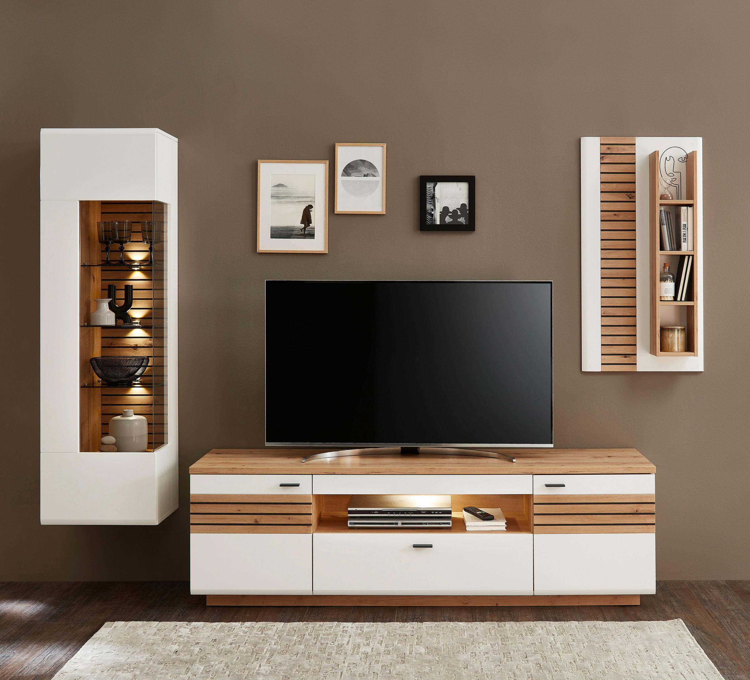 WOHNWAND in Weiss, Eiche Artisan 285/195/47 cm - Weiss/Anthrazit, Design, Glas/Holzwerkstoff (285/195/47cm) - Stylife
