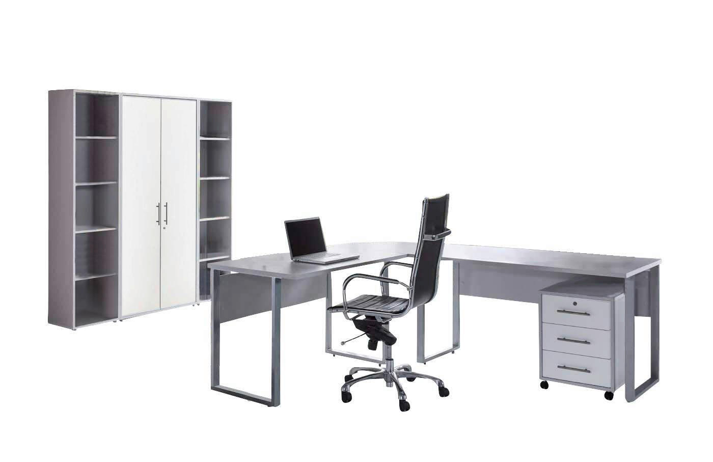 BÜRO erweiterbar, in verschiedenen Holz-Dekoren erhältlich, Schreibtisch seitenverkehrt montierbar, abschließbar Grau, Weiß - Weiß/Grau, MODERN, Holzwerkstoff - MID.YOU