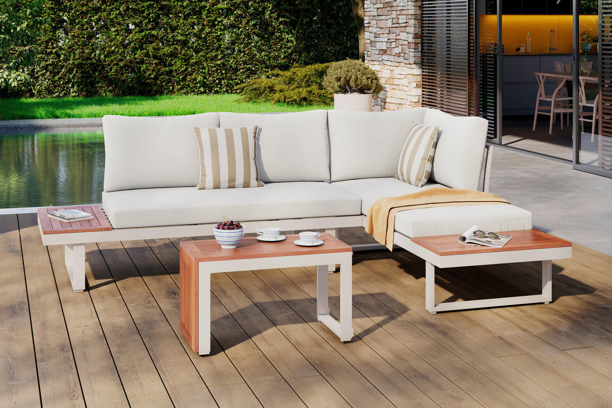 LOUNGEGARNITUR 3-teilig  253/253 cm  Akazie massiv Aluminium  - Beige/Akaziefarben, Design, Holz/Textil (253/253cm) - Amatio