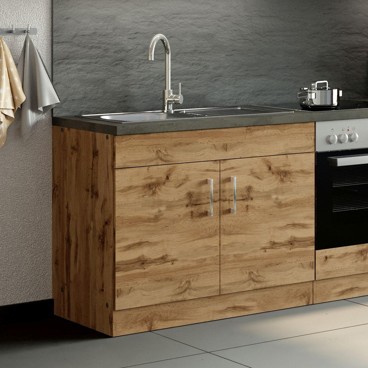 SPÜLENUNTERSCHRANK 100/86/60 cm  in Eichefarben  - Chromfarben/Eichefarben, MODERN, Holzwerkstoff/Metall (100/86/60cm) - Held