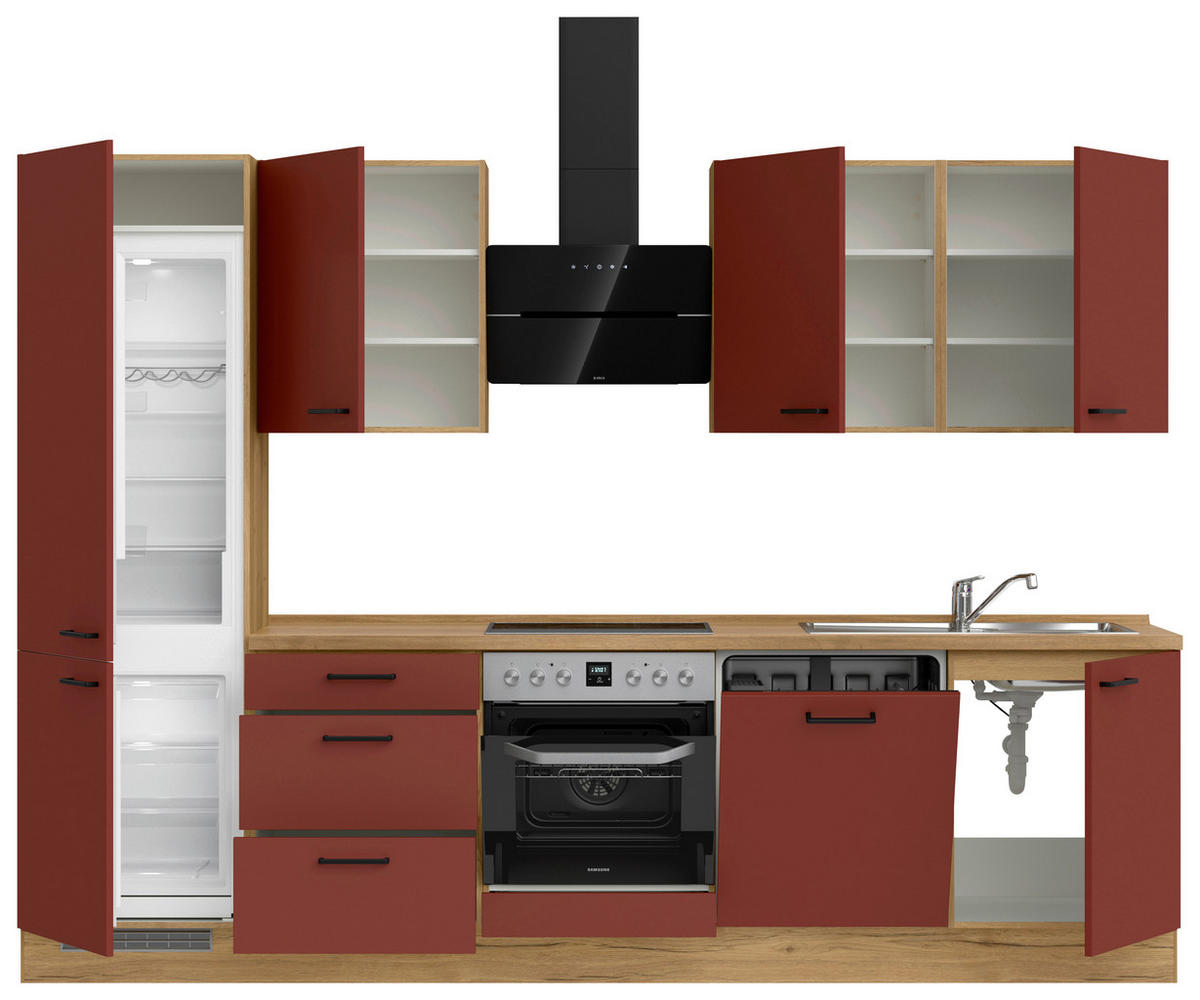 KÜCHENLEERBLOCK 300 cm   in Rot, Eichefarben  - Eichefarben/Rot, MODERN, Holzwerkstoff/Metall (300cm) - Nobilia