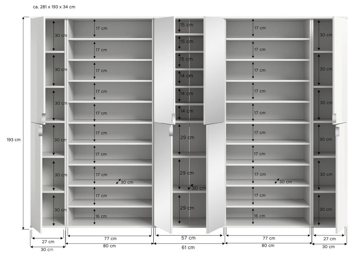 GARDEROBE 5-teilig 281/193/34 cm  - Weiss Hochglanz/Weiss, Design, Holzwerkstoff (281/193/34cm) - Livetastic