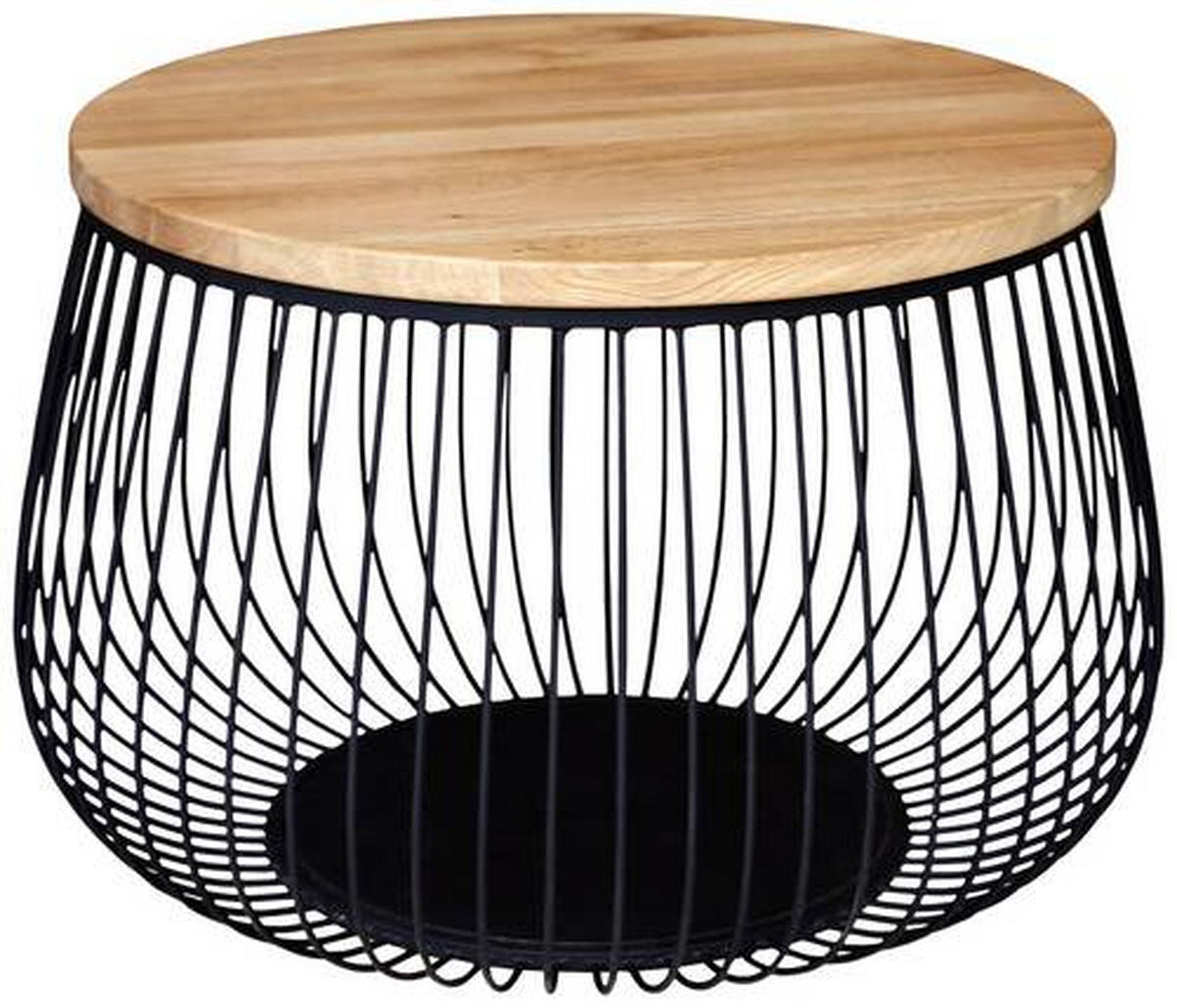 COUCHTISCH Eiche massiv 70/70/45 cm rund Naturfarben, Schwarz  - Schwarz/Naturfarben, Design, Leder/Holz (70/70/45cm) - Novel