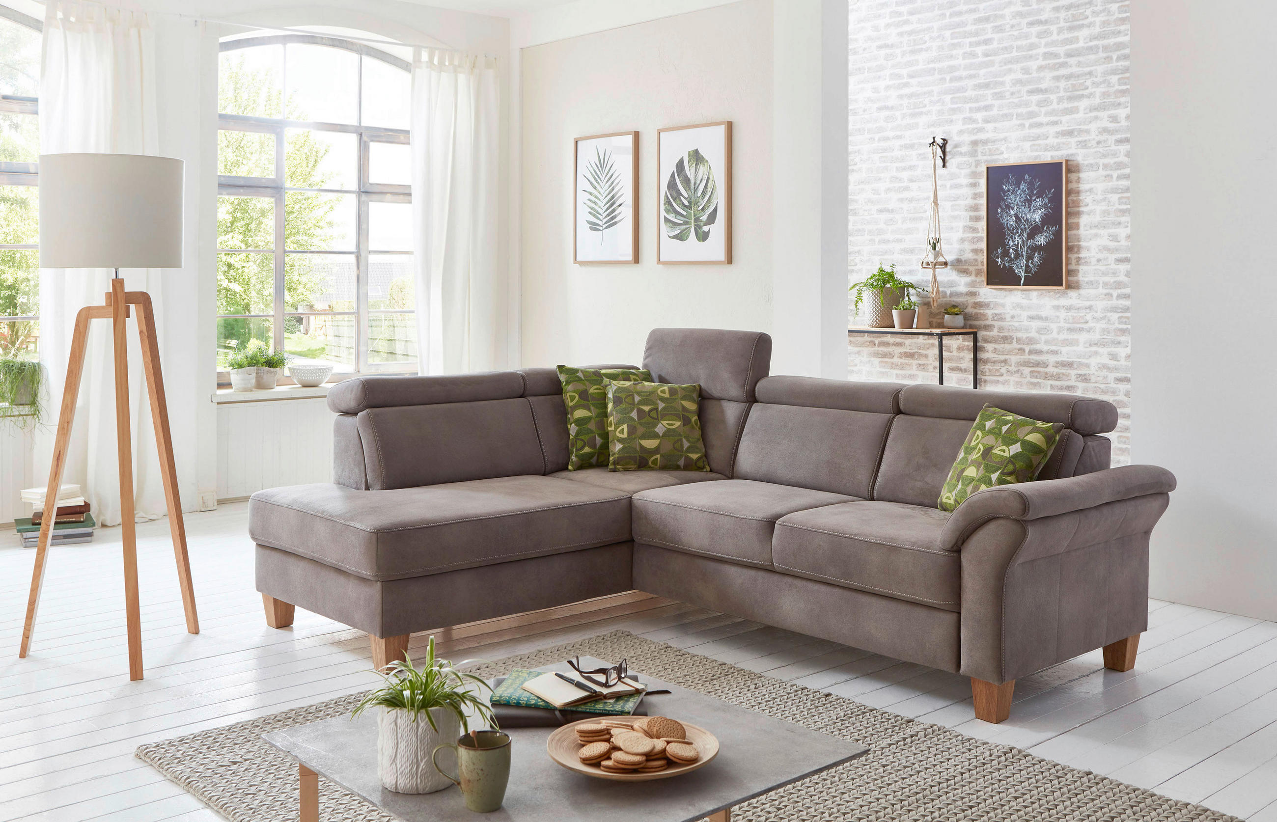 ECKSOFA Braun Mikrofaser Bettkasten, Kopfteilverstellung, Liegefläche im Originalstoff  - Eichefarben/Beige, KONVENTIONELL, Holz/Textil (194/245cm) - Sit & More