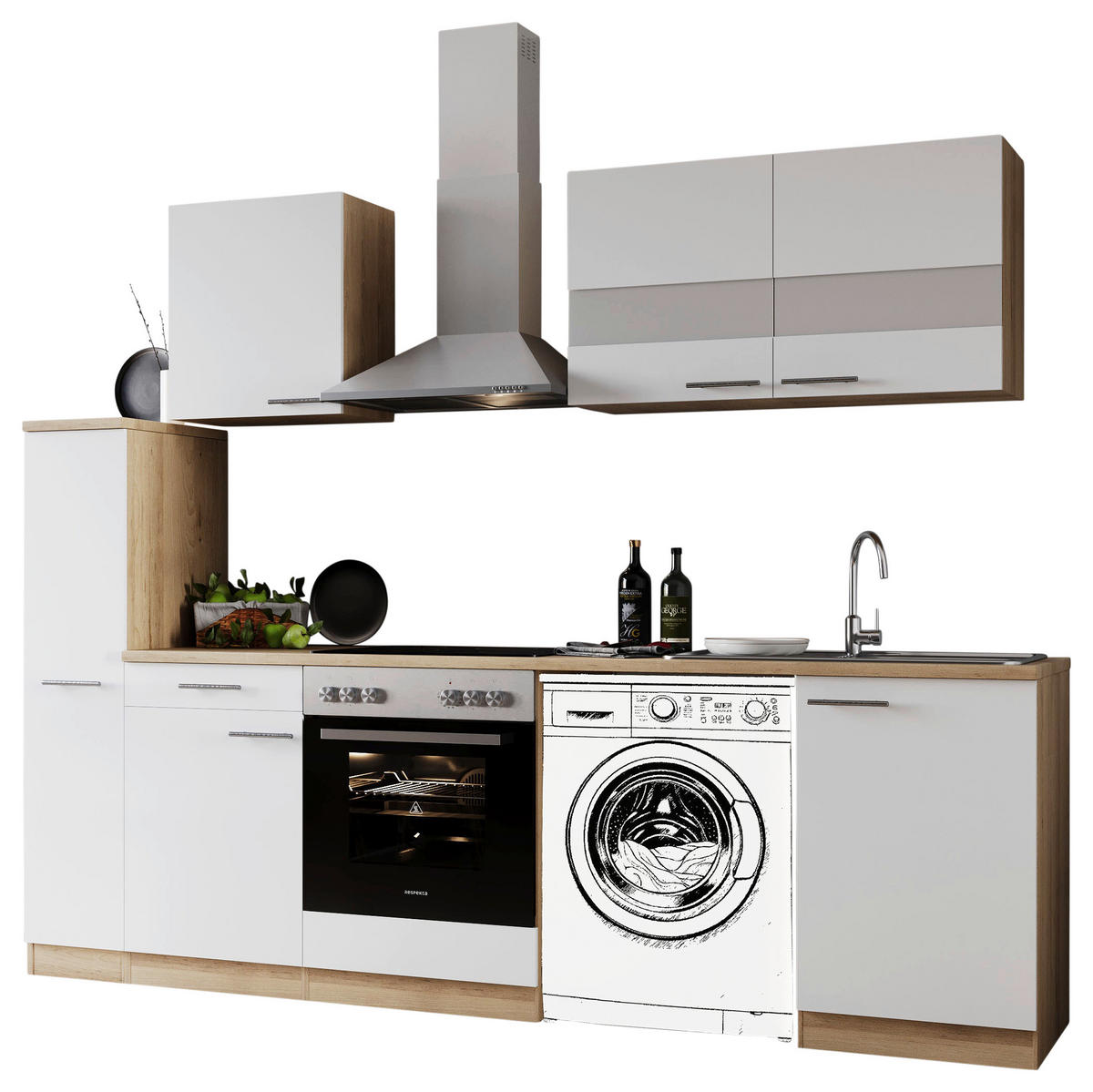 KÜCHENBLOCK 250 cm   in Weiß  - Edelstahlfarben/Eichefarben, Basics, Glas/Holzwerkstoff (250cm) - Respekta