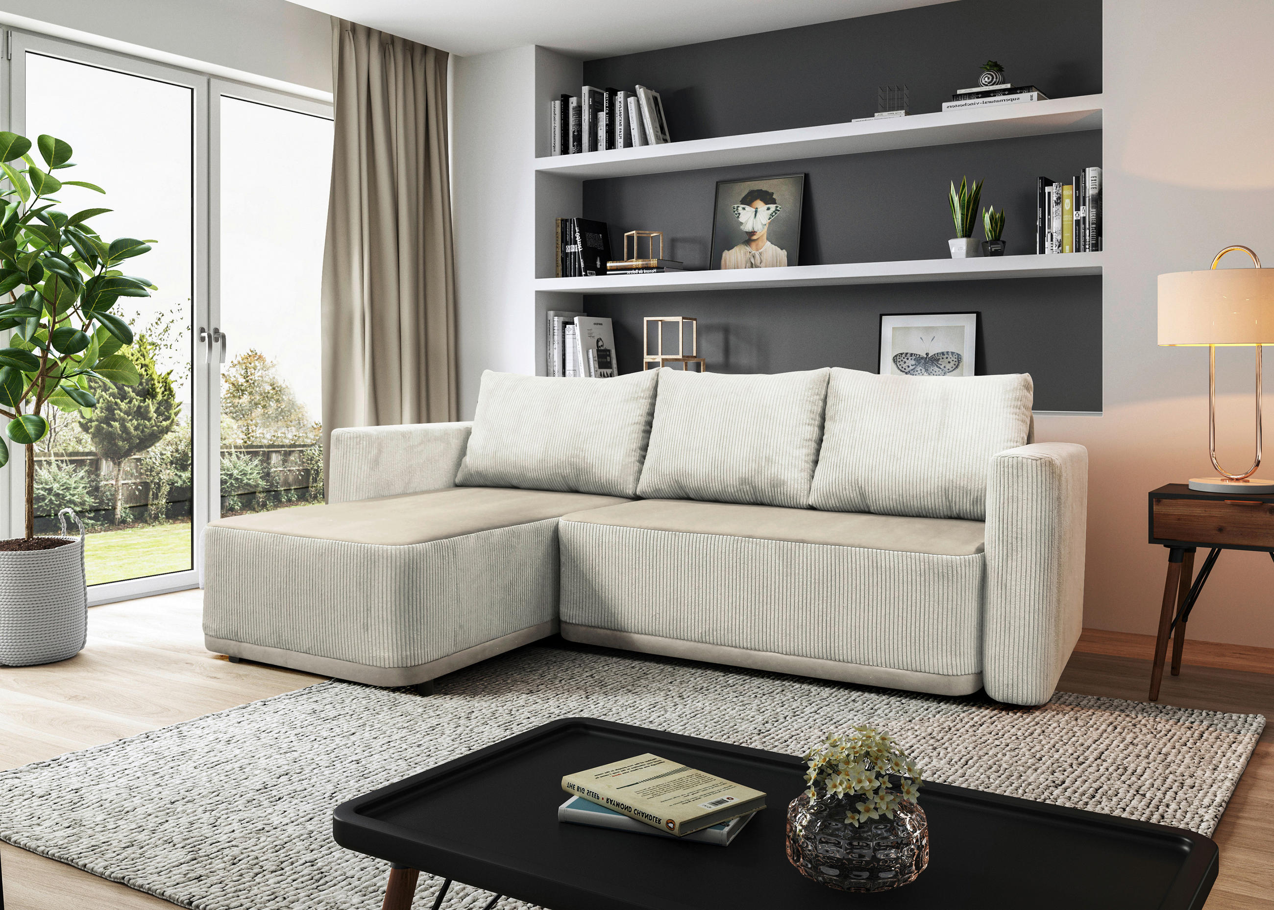 ECKSOFA STELLA Beige Plüsch Rückenkissen, Bettkasten  - Beige/Schwarz, Design, Kunststoff/Textil (166/234cm) - MID.YOU