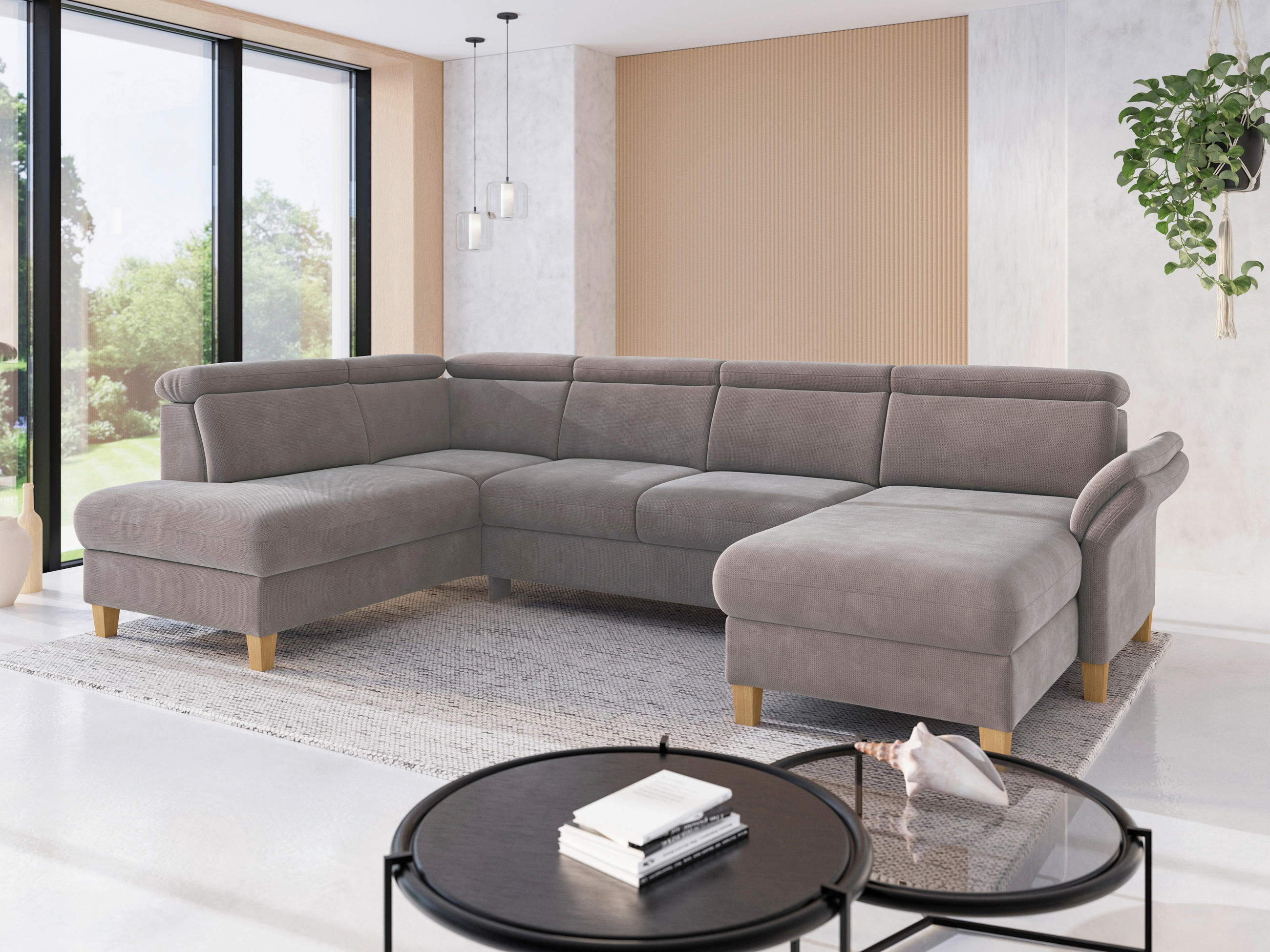 WOHNLANDSCHAFT GLENDALE E Taupe Flachgewebe  - Taupe/Eichefarben, KONVENTIONELL, Holz/Textil (193/321/166cm) - Sit & More