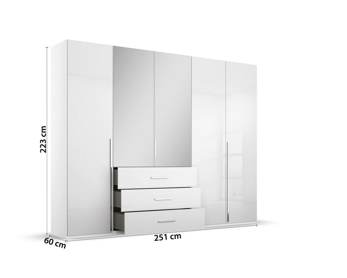 DREHTÜRENSCHRANK in Weiss, Weiss Hochglanz  - Weiss Hochglanz/Chromfarben, Design, Glas/Holzwerkstoff (251/223/60cm) - home24