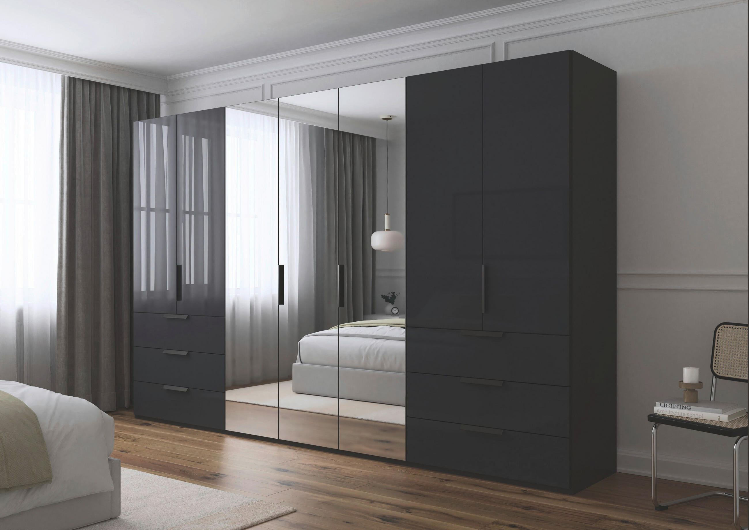 DREHTÜRENSCHRANK 350/235/61 cm,  in Graphitfarben, 7 Tür(en)  - Graphitfarben, Basics, Glas/Holzwerkstoff (350/235/61cm) - Novel