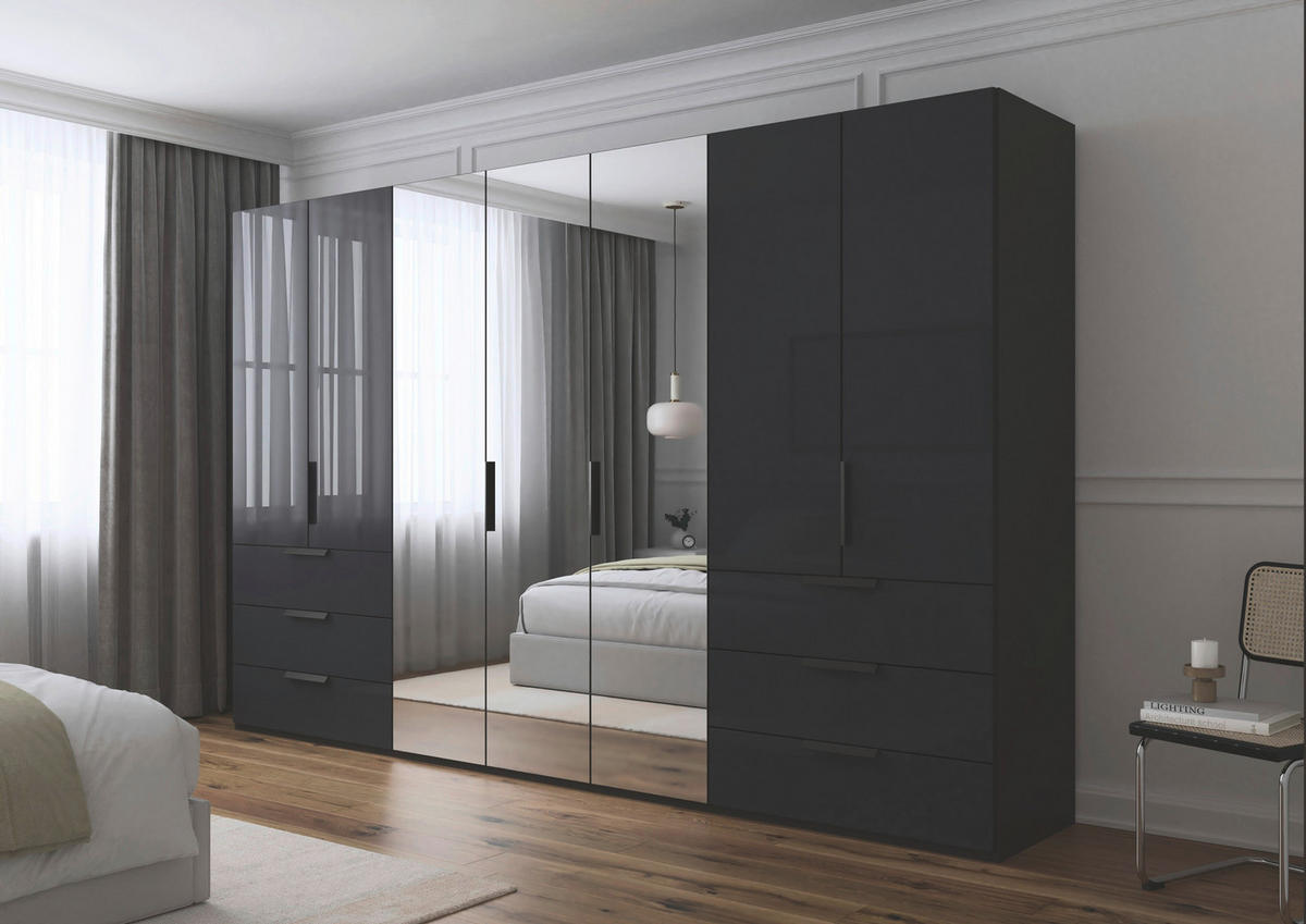DREHTÜRENSCHRANK 350/235/61 cm,  in Graphitfarben, 7-türig  - Graphitfarben, Basics, Glas/Holzwerkstoff (350/235/61cm) - Novel
