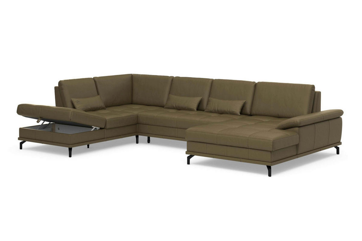 WOHNLANDSCHAFT COSTELLO E Olivgrün Kombination Echtleder/Stoff Mikrofaser  - Schwarz/Olivgrün, Basics, Leder/Textil (223/363/176cm) - Sit & More