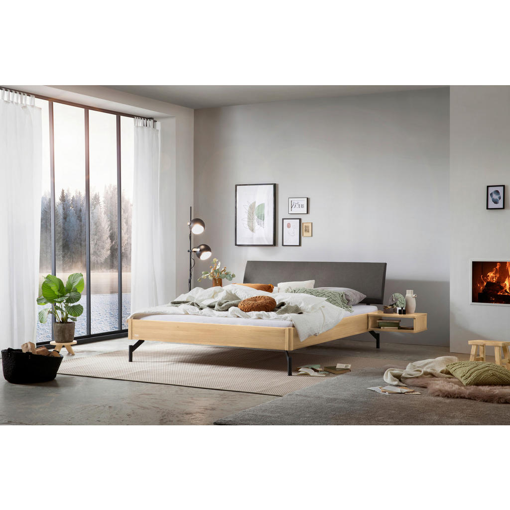 Thumbnail - Hasena Bett, Anthrazit, Grau, Eiche, Holz, Eiche, massiv, Höhe ca. 22 cm, 160x200 cm, gepolstertes Kopfteil, in verschie...