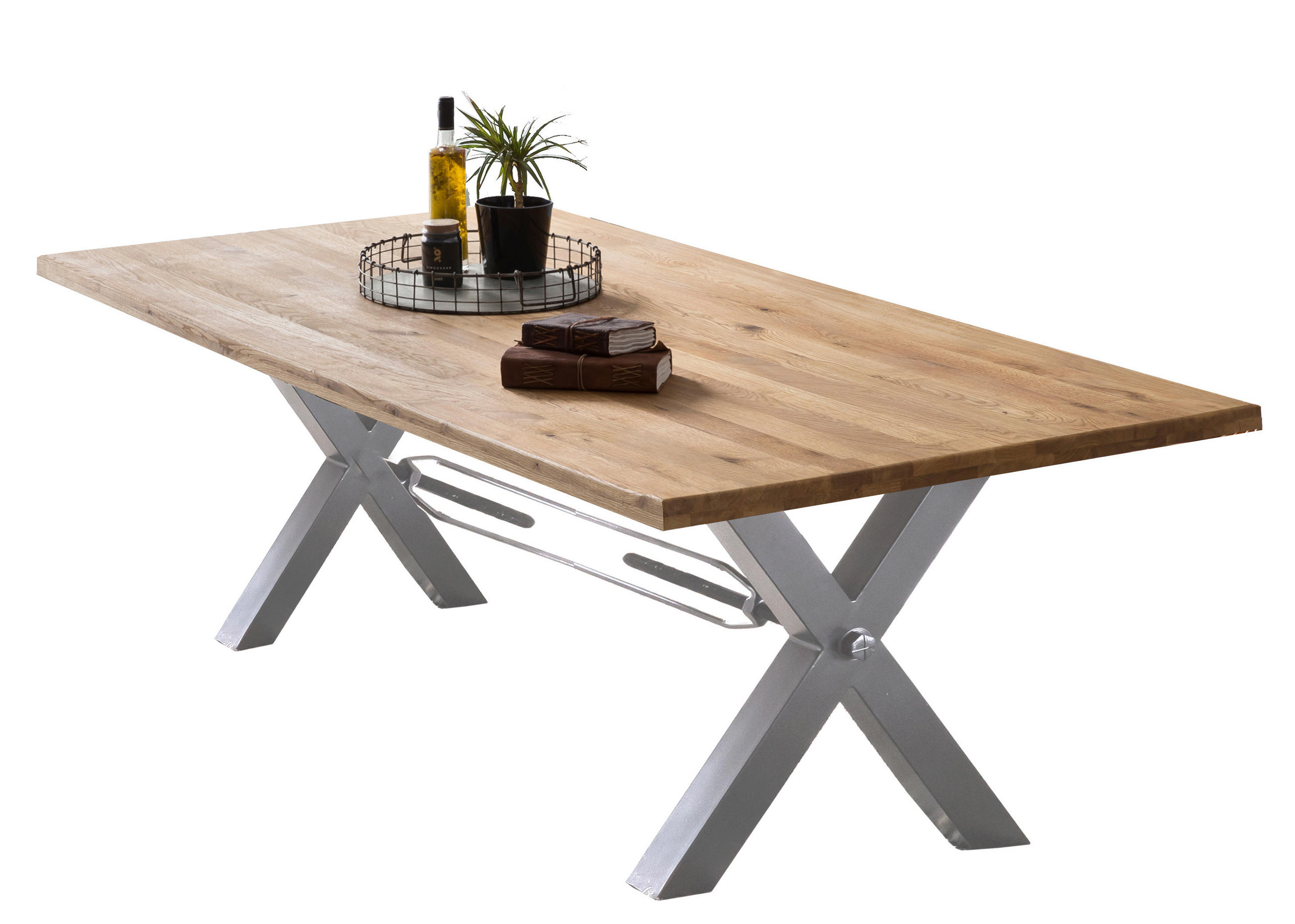 ESSTISCH 180/100/76 cm Echtholz  Holz, Metall rechteckig Naturfarben, Silberfarben  - Silberfarben/Naturfarben, MODERN, Holz/Metall (180/100/76cm) - MID.YOU