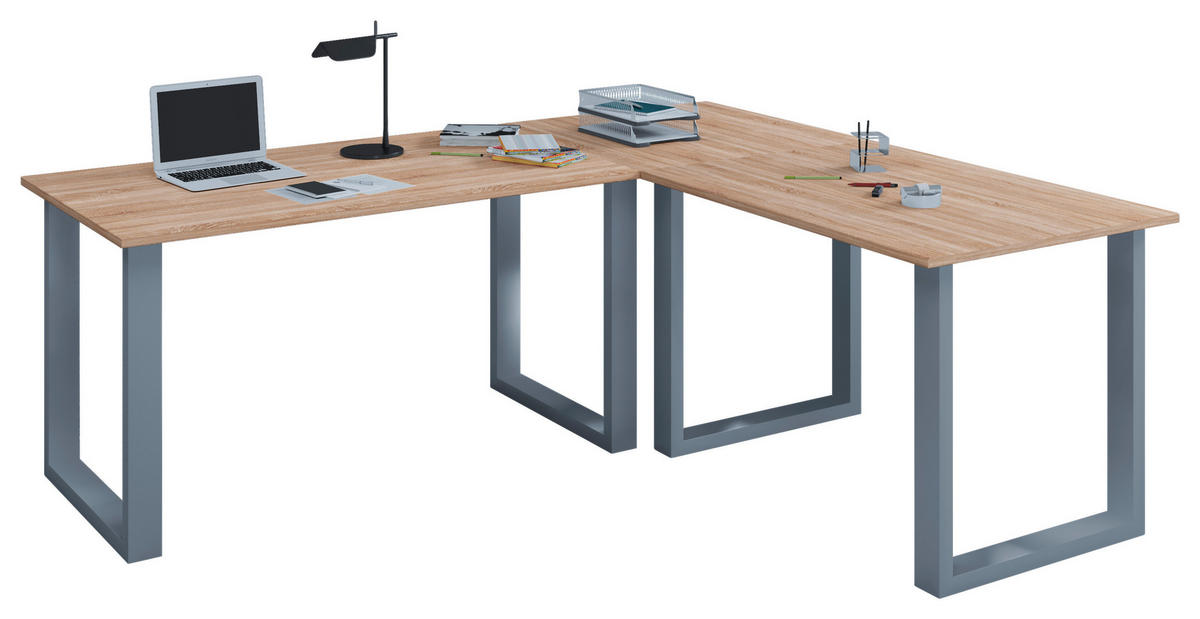 ECKSCHREIBTISCH 160/80/76 cm  in Silberfarben, Sonoma Eiche  - Silberfarben/Sonoma Eiche, Modern, Holzwerkstoff/Metall (160/80/76cm) - MID.YOU