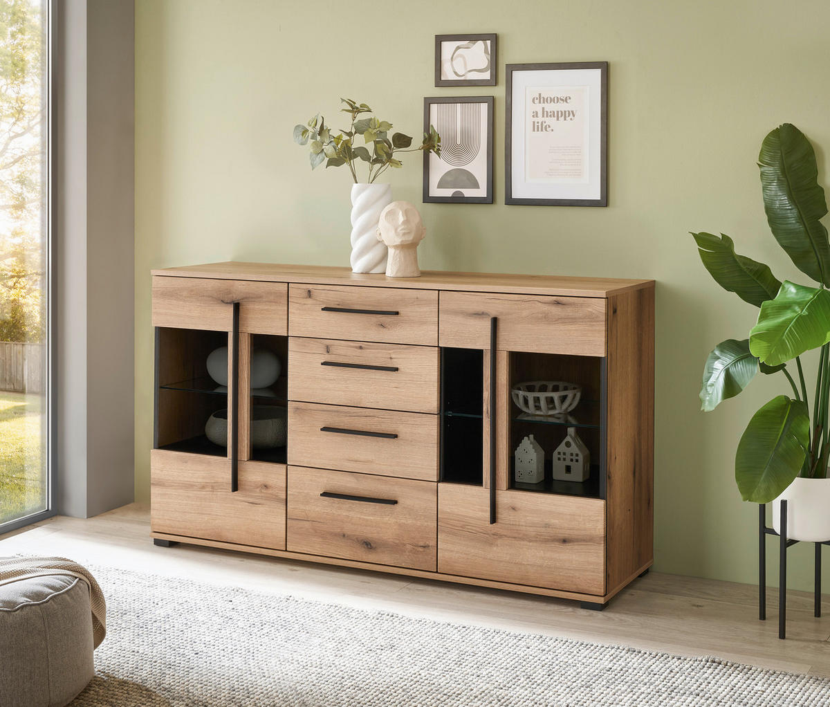SIDEBOARD  150/86/42 cm 4 Schublade(n)  - Eichefarben/Schwarz, Design, Glas/Holzwerkstoff (150/86/42cm) - Livetastic