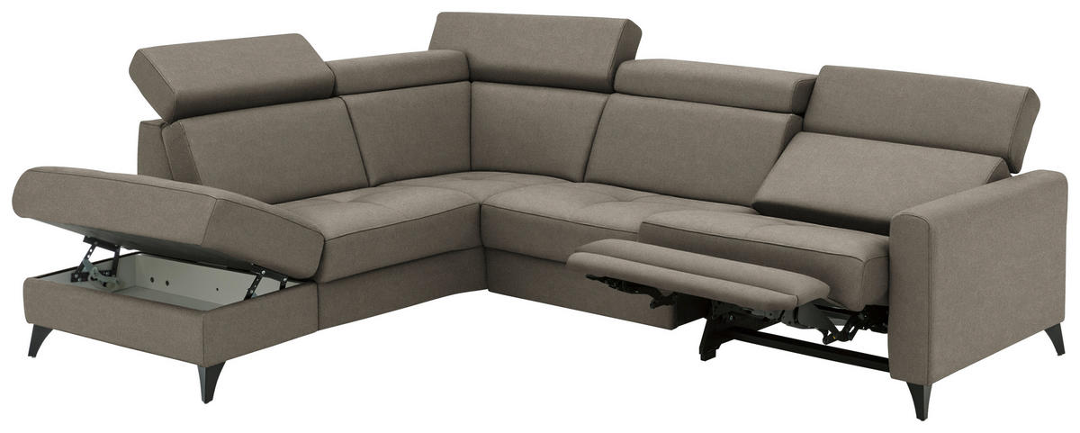 ECKSOFA Beldomo System in Flachgewebe Graubraun Kopfteilverstellung  214/276 cm  - Graubraun/Schwarz, KONVENTIONELL, Textil/Metall (214/276cm) - Beldomo System