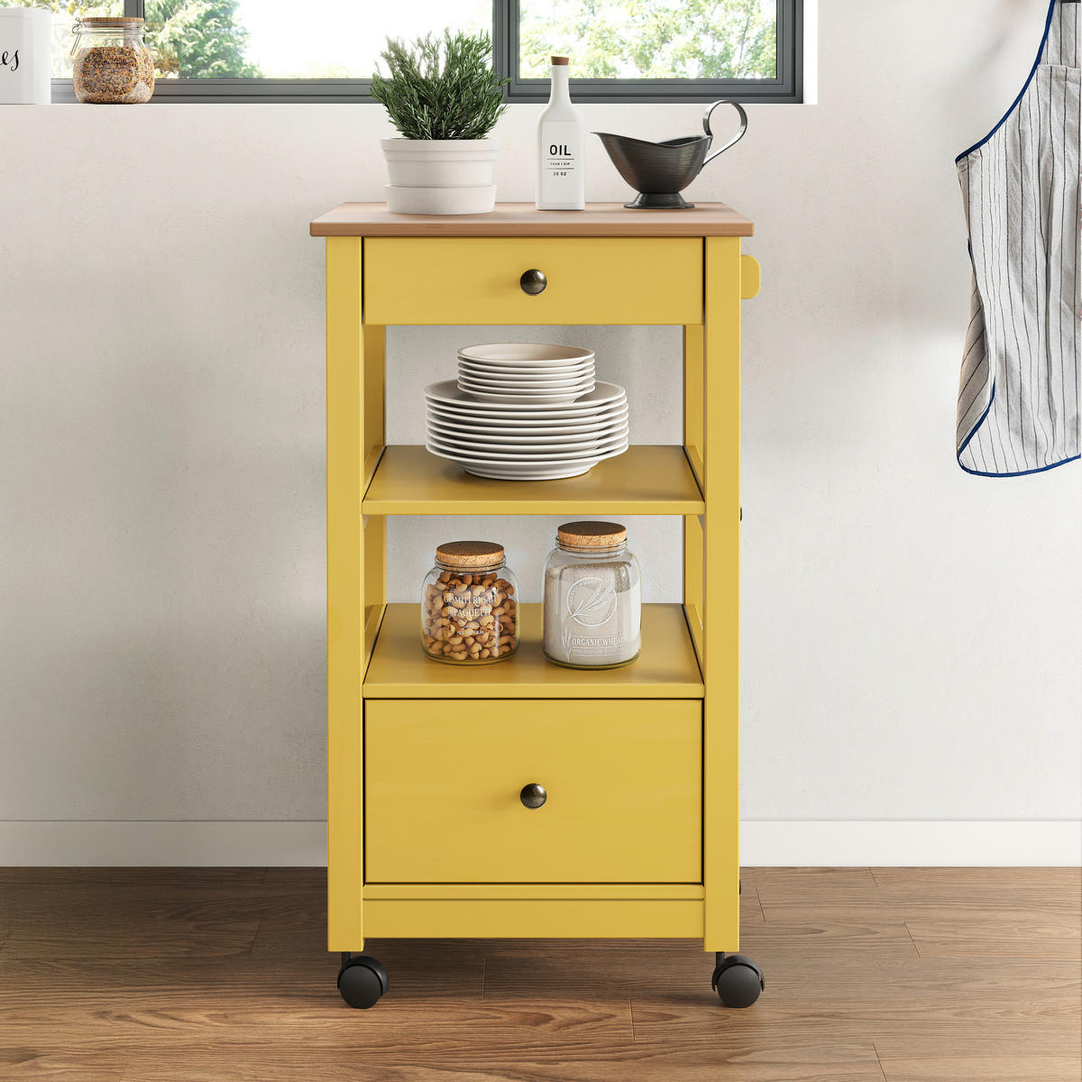 SERVIERWAGEN Pinie massiv Braun, Gelb  - Gelb/Zinkfarben, MODERN, Holz/Kunststoff (50/90,6/40cm) - Livetastic