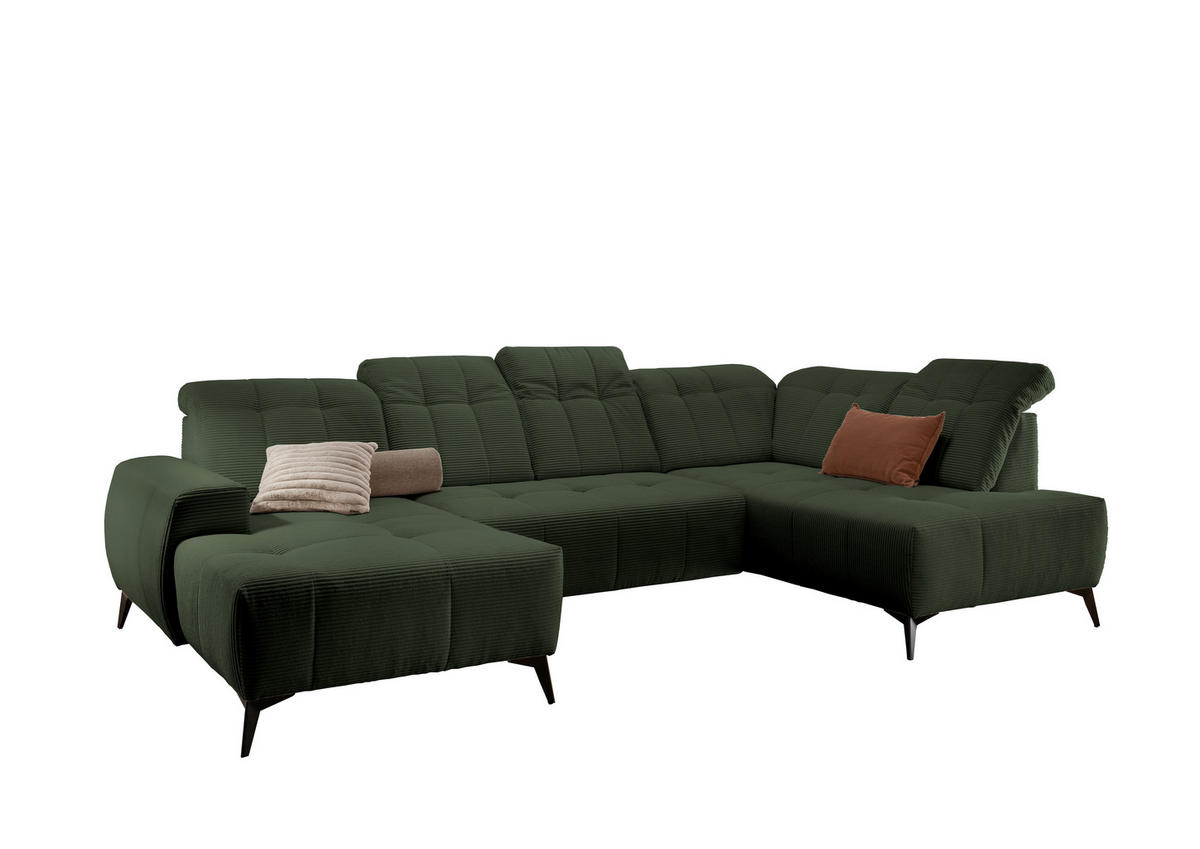 WOHNLANDSCHAFT Cord Dunkelgrün  - Dunkelgrün/Schwarz, Modern, Textil/Metall (180/337/200cm) - Livetastic