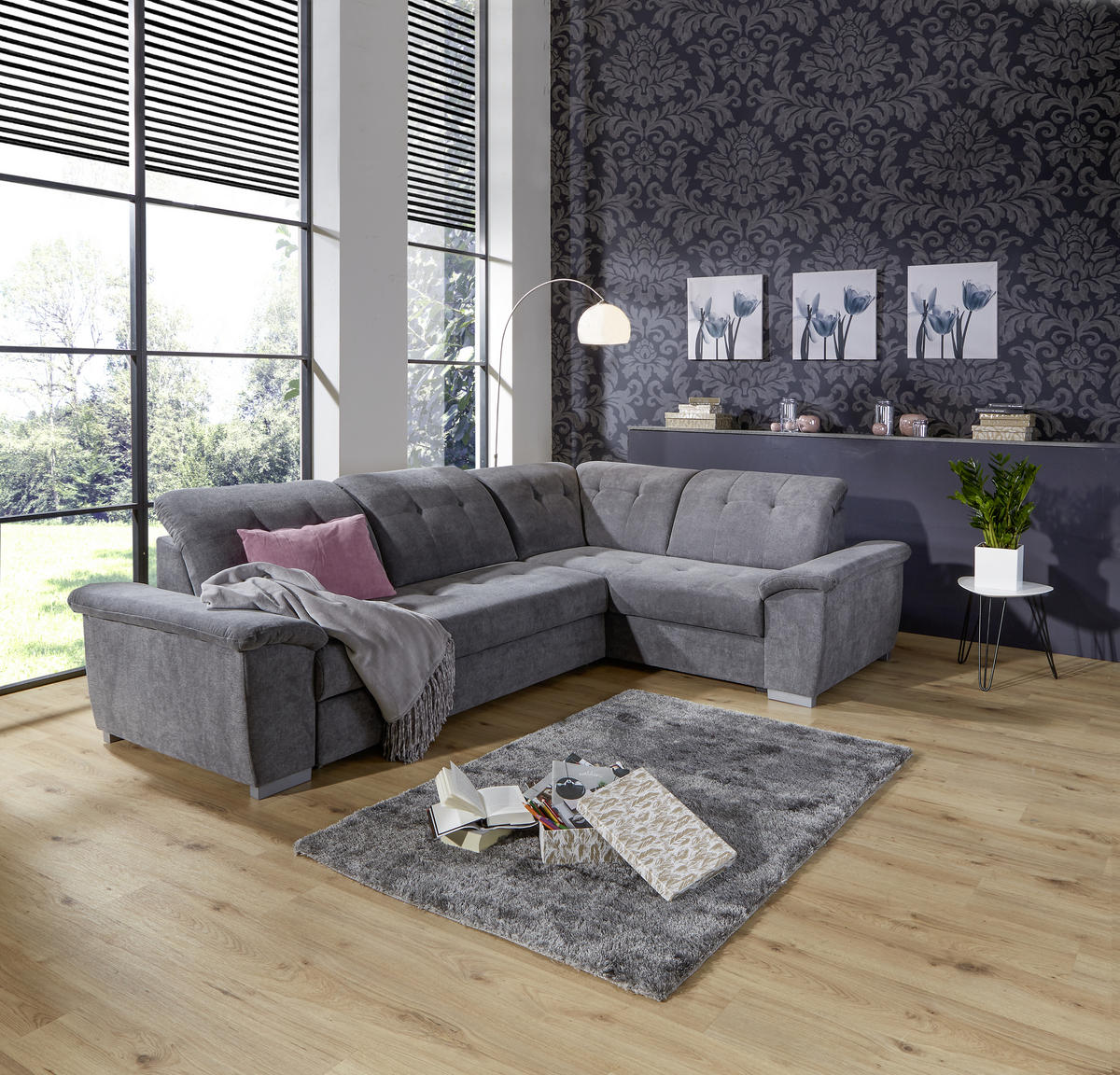 ECKSOFA in Dunkelgrau  - Dunkelgrau/Silberfarben, Design, Kunststoff/Textil (285/206cm) - Livetastic