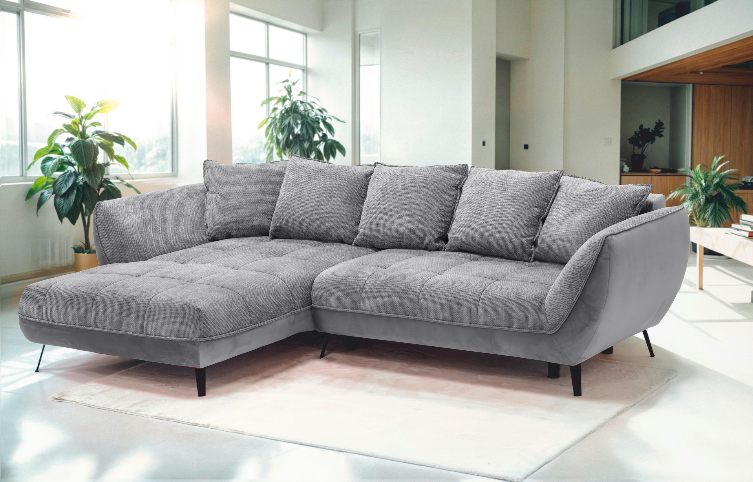 ECKSOFA in Struktur Grau, Hellgrau  - Hellgrau/Schwarz, Design, Textil/Metall (187/282cm) - Livetastic