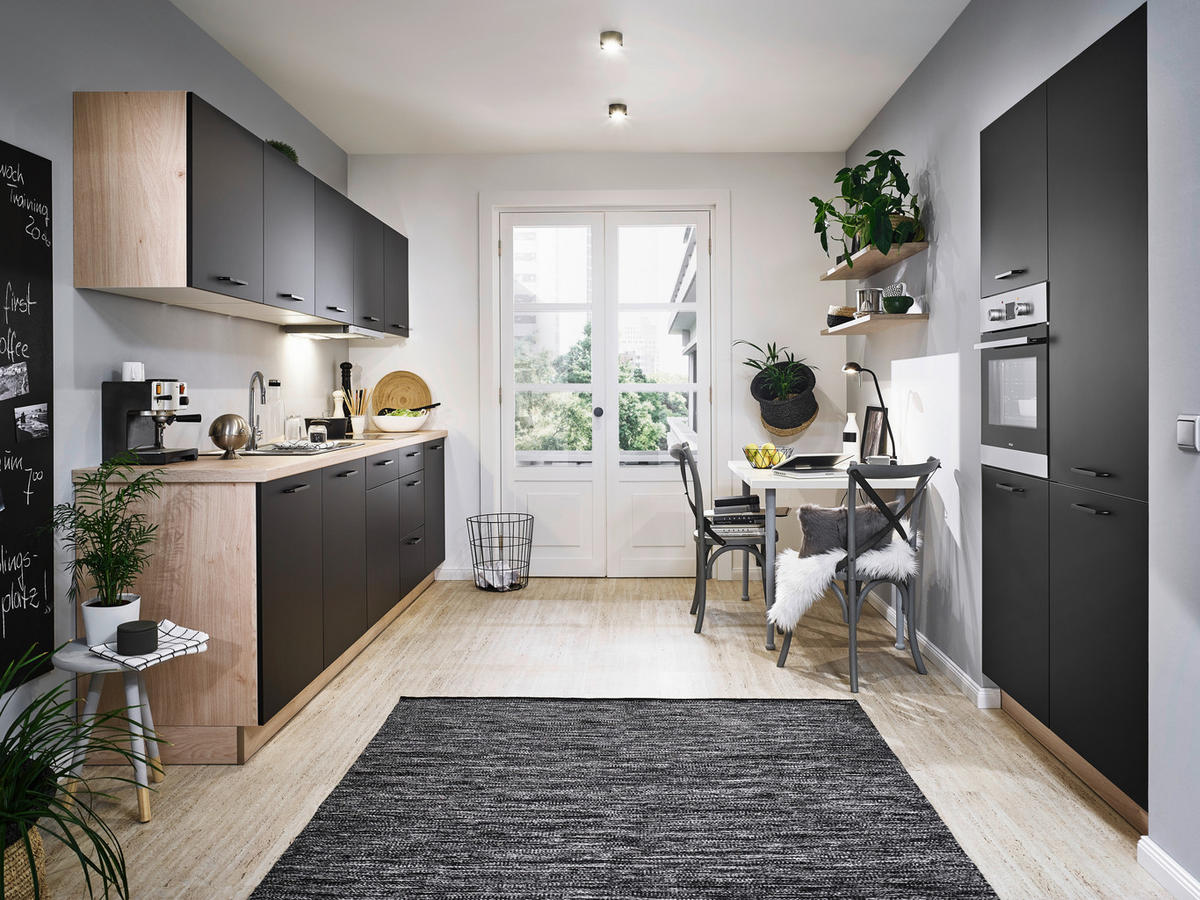 Bucătărie Fără Electrocasnice  - culoare lemn stejar/negru, Modern, metal/material pe bază de lemn (305+120cm) - Welnova