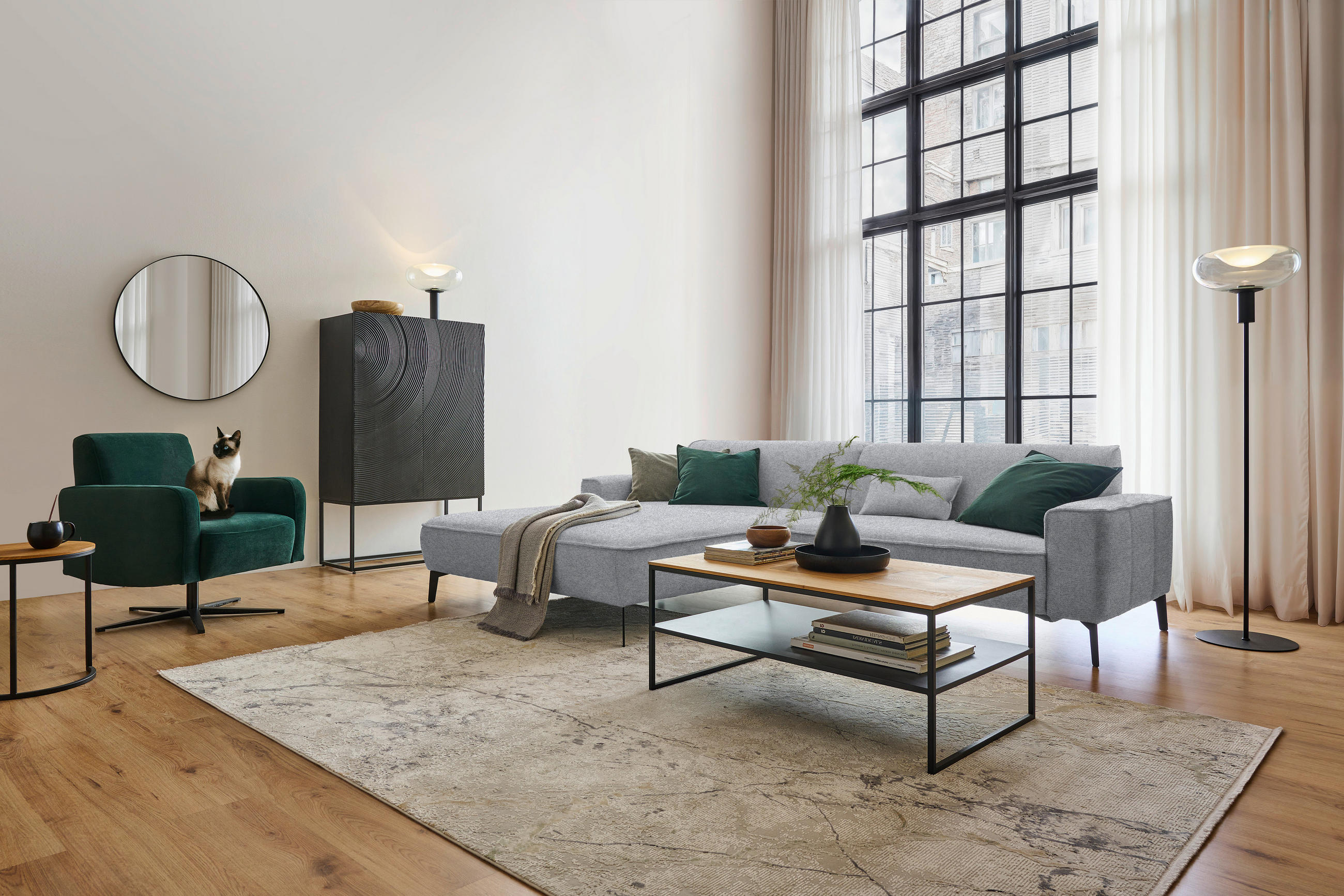 ECKSOFA in Flachgewebe Grau  - Schwarz/Grau, Design, Textil/Metall (190/285cm) - Johann Jakob