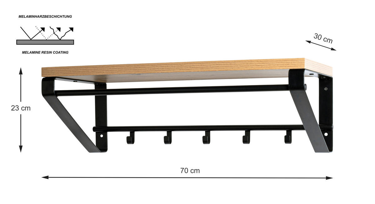 WANDGARDEROBE - Eichefarben/Schwarz, Holzwerkstoff/Metall (70/23/30cm)
