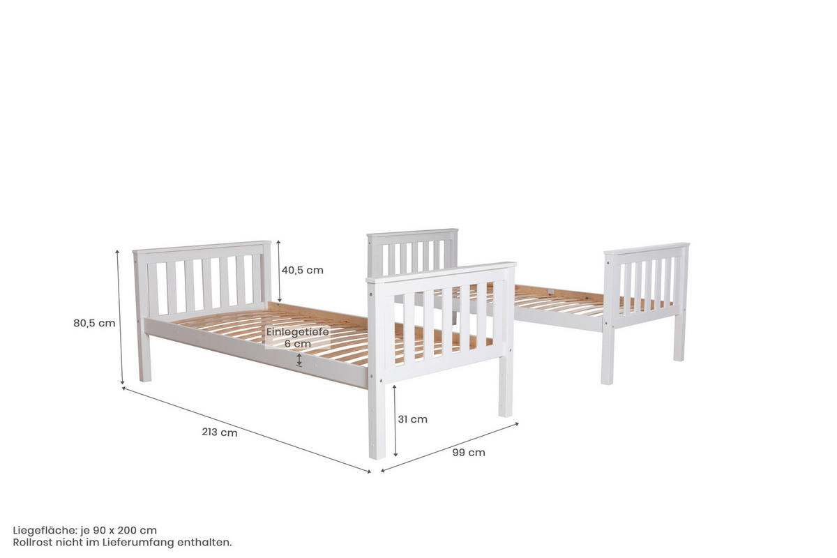 ETAGENBETT - Weiß, MODERN, Holz (90/200cm) - MID.YOU