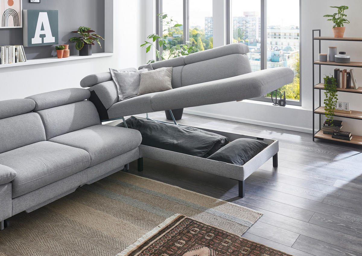 ECKSOFA inkl. Funktionen 830 Hellgrau Flachgewebe  - Hellgrau/Schwarz, Design, Textil/Metall (272/217cm) - Pure Home Comfort